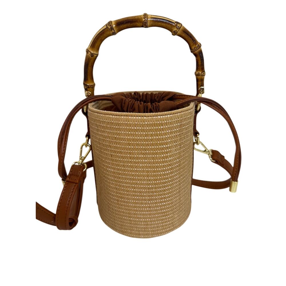 Katie Loxton Gigi Straw Woven Bucket Bag Bamboo Handle Brown Crossbody NWOT - Picture 4 of 9